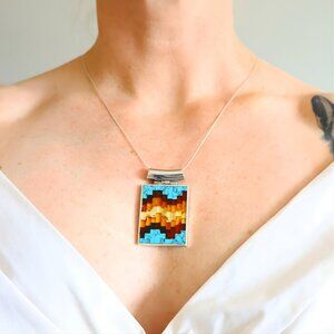 Baltic Amber and Turquoise Mosaic Necklace -Sterling Silver